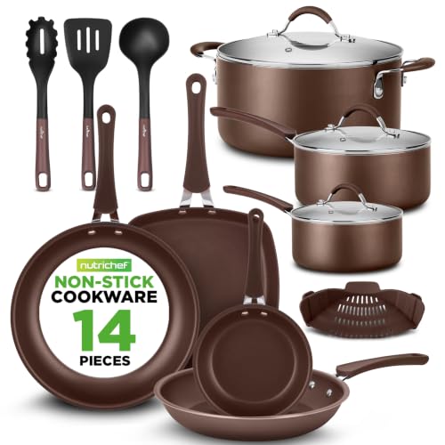 Image of NutriChef 14-Piece Nonstick Brown Cookware Set - Scratch-Resistant Kitchen Pots and Pans with Lids & Utensils, For All Cooktops - NCCW14SBR