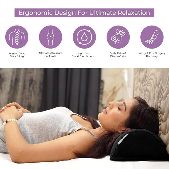 Image of Orthopaedic Leg Support Memory Foam Half Moon Bolster Black - (2 Year Warranty) Knee Pain Relief for Side Sleepers, Back Alignment Roll for Office Sitting, Washable Velvet Cover Pillow