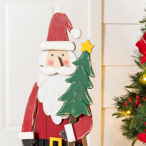 Image of Glitzhome 30 inchH Christmas Chunky Wood Santa Porch Sign,Standing Santa Porch Decor,Rustic Merry Christmas Welcome Sign for Holiday Party Outdoor Indoor Xmas Decorations