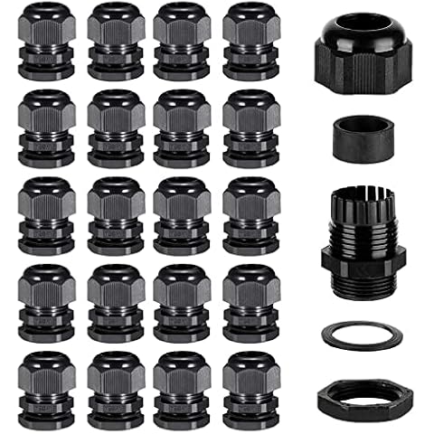 Pack of 20 Cable Glands M20 x 1.5 mm IP68 Waterproof Black Cable Glands Adjustable 3-15 mm Cable Grommet for Outdoor, Garden, Car, Switch Box Junction Box Cover