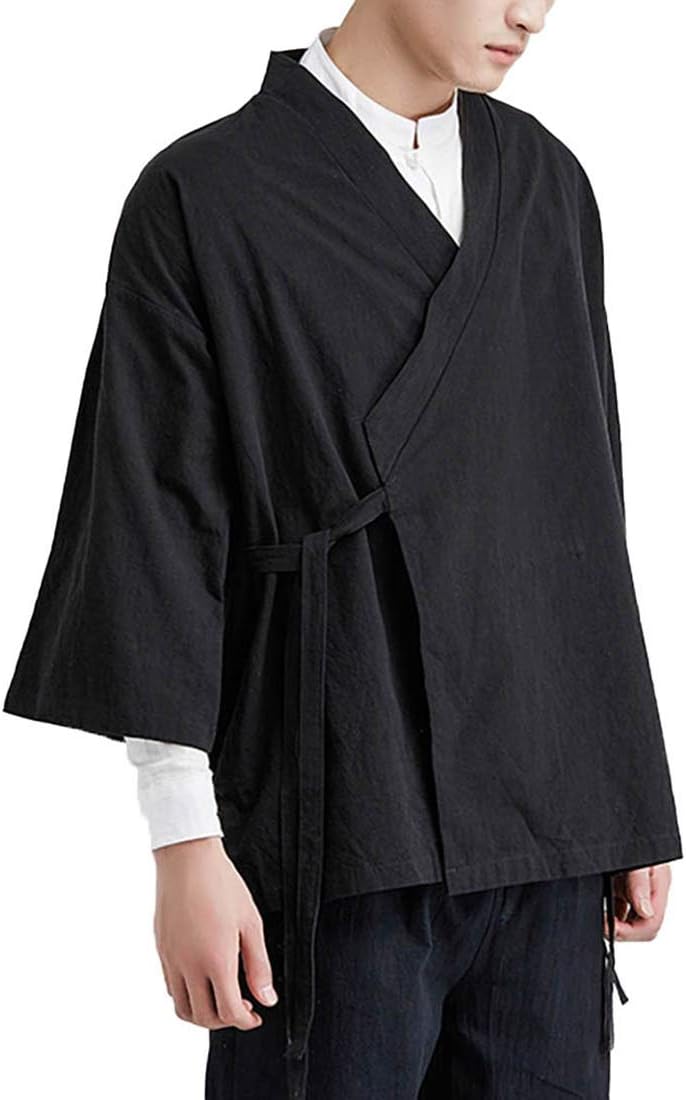 Men's Vintage Kimono Cardigan Cotton Linen Wrap Front Japanese Jinbei Haori Jacket Loose Fit Solid Color Hanfu Top Cover Up (20714-Black, L)