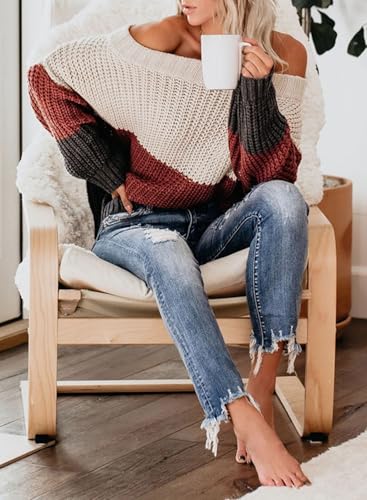 Image of VIMPUNEC Womens Off Shoulder Color Block Sweater Oversized Pullover Top
