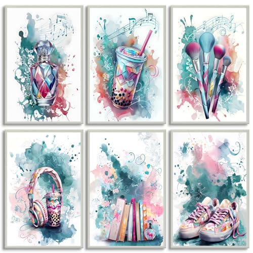 YYSEYKFJ 6Pcs Teen Girls Bedroom Wall Art Green Pink Preppy Canvas Wall Decor Teen Music Lover Artwork Perfume Cosmetics Headphones Print Pictures for Teen Girls Bedroom Bathroom Dorm (8x10in Poster)