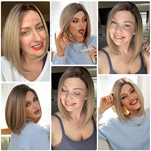 Haircube ASFTL009-1 Ash Blonde Bob Wig Short Hair Side Parting Wig Hand-Tied Hairline Shoulder Length Ombre Wig Natural Looking Synthetic Ladies Wig thumb #3