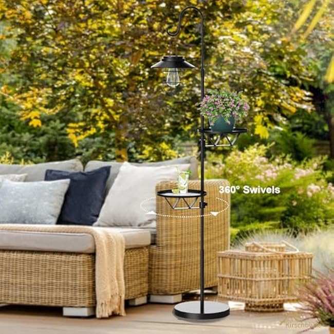 60 Solar Floor Lamp with Detachable Hanging Lantern & Small Side Table - Cordless, Waterproof Outdoor Lighting for Deck, Patio, Garden, Porch - Weatherproof Iron Floor Light- Two Small side tables