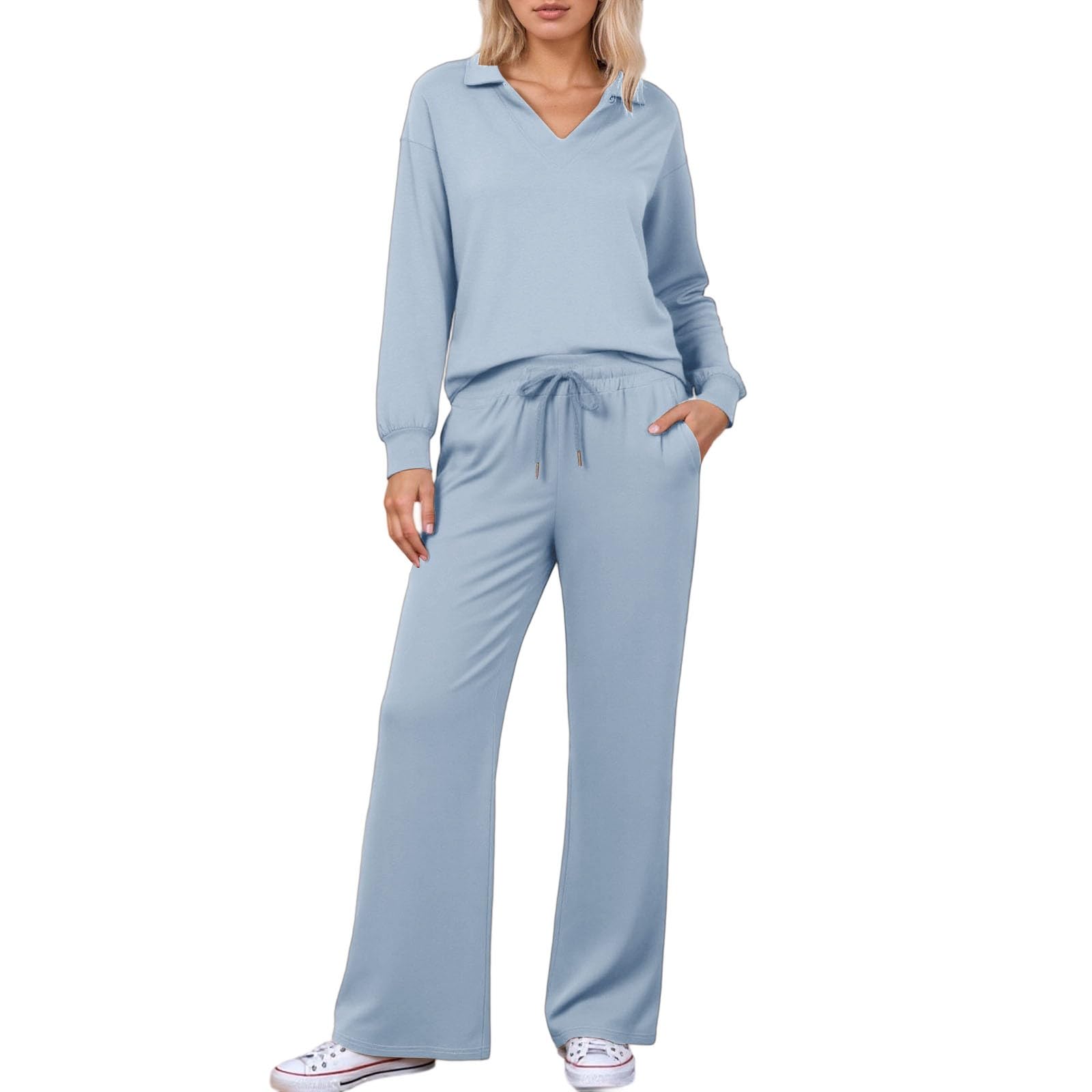 Ronony 2 Piece Sets For Women Going Out Long Sleeve V Neck Top and Wide Leg Baggy Sweatpants