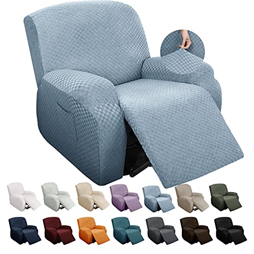 Image of YEMYHOM 4 Pieces Stretch Recliner Slipcover Jacquard Recliner Chair Cover with Side Pocket Anti-Slip Fitted Recliner Cover Couch Furniture Protector with Elastic Bottom (Recliner, Light Blue)