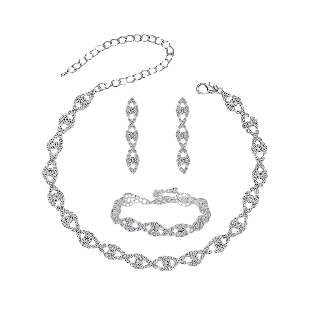 QKEPCY Juego de Joyas para Novia para Mujer Cristal Collar Pulsera Pendientes de Lágrima Plata Conjunto Collar y Pendientes Fiesta de Graduación Compromiso Boda Joyería para Dama de Honor