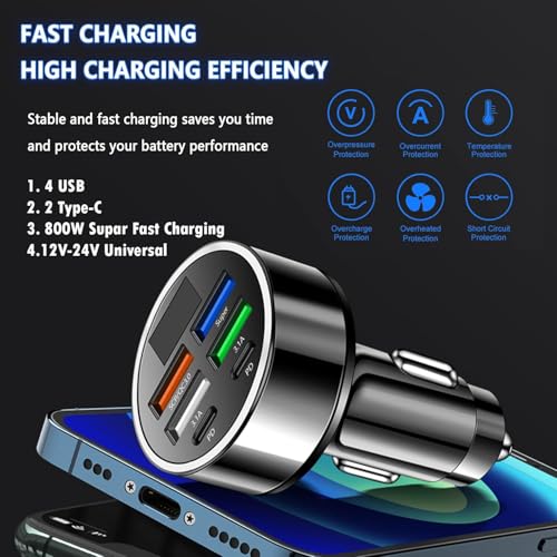 Image of Spiaty 800W Car Charger Adapter, 6-Port Fast Charging USB C Car Charger with 4 USB & 2 Type-C PD Ports, QC3.0 Super Fast Charging, 12V /24V Universal Car Phone Charger for iPhone, Samsung, iPad & More