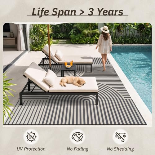AMOAMI Outdoor Rug Patio Rug 5x8 ft Quick Dry Flatweave Textured Machine Washable Outdoor Carpet with Rubber Particles Backing Boho Outdoor Area Rug for Patio Deck Front Porch Balcony Greyish Black - Image 5