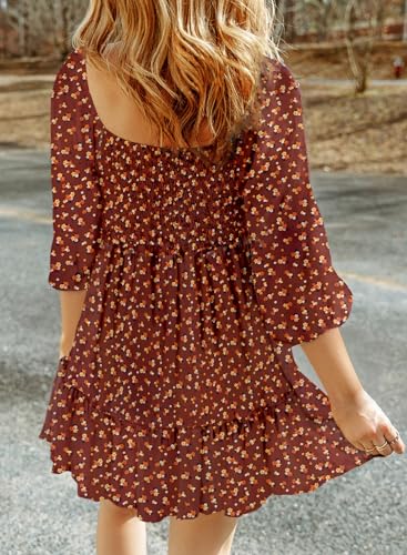 Dokotoo Fall Dresses for Women 2025 Boho Floral Square Neck Smocked 3/4 Sleeve Casual A-Line Swing Mini Dress Sundress2