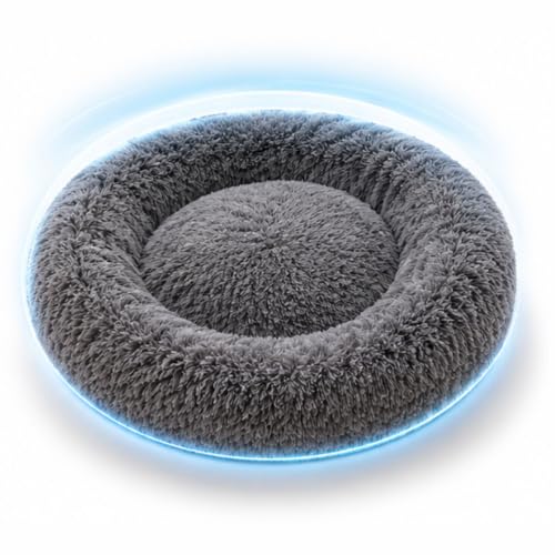 Image of Round Donut Pet Bed for Dogs & Cats, Soft Plush Faux Fur Sleeping Mat, Cozy Calming Nest with Raised Supportive Rim, Reversible 2-in-1 Design, Washable Pet Cushion | Gray, Small, Gray, Small