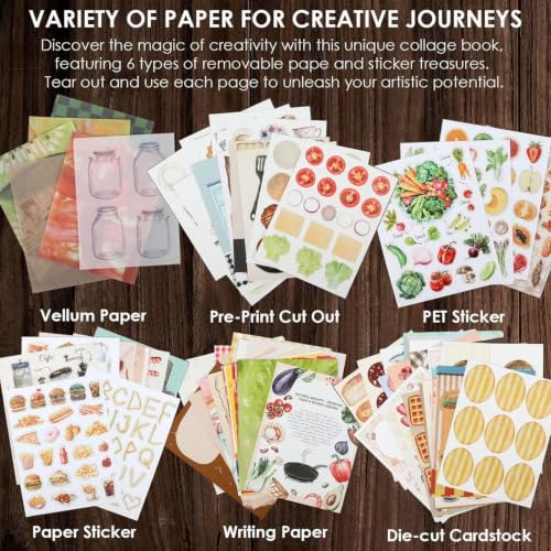 Pegatinas PET y papel vegetal vellum en el libro de collage vintage The Flavor Folio 6