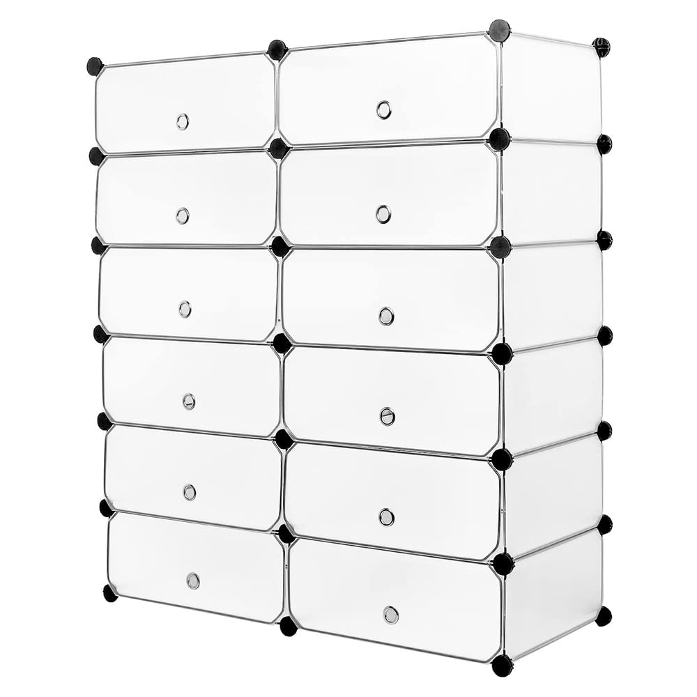 HUOLE 12 Cubos Organizadores para Almacenamiento con Puertas, Estantes de Plástico Apilables DIY, Multifuncionales, Modulares, Estantería de Armario para Libros, Ropa, Juguetes(91 * 36 * 105cm)