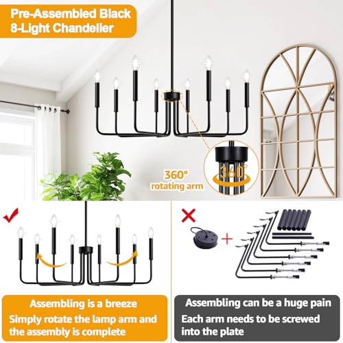 Lynnoland Black 8-Light Chandelier, Farmhouse Chandelier for Dining Room Lighting Fixtures Hanging, Vintage Candle Pendant Light Fixtures Chandelier for Bedroom, Foyer and Living Room