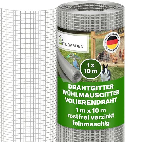 TTL GARDEN 1 m x 10 m, malla fina galvanizada, malla de 6,3 mm, grosor de alambre de 0,55 mm – en rollo de malla de alambre para aviarios, malla para conejos, 10 m x 1 m de ancho, ancho de malla de