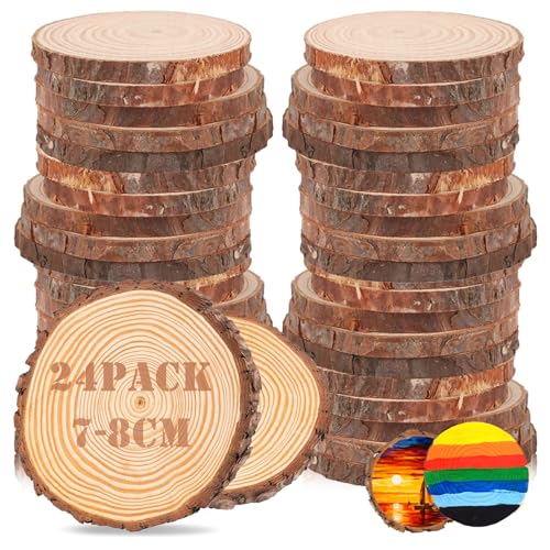 24 Stück Holzscheiben, Deko Baumscheibe Rund 7-8 cm Durchmesser -...