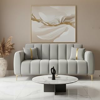FURNY Harmony 2 Seater Velvet Fabric Sofa Set (Light Grey) with Golden Finish Legs Durable & Comfortable Ideal for Living ... Price In India