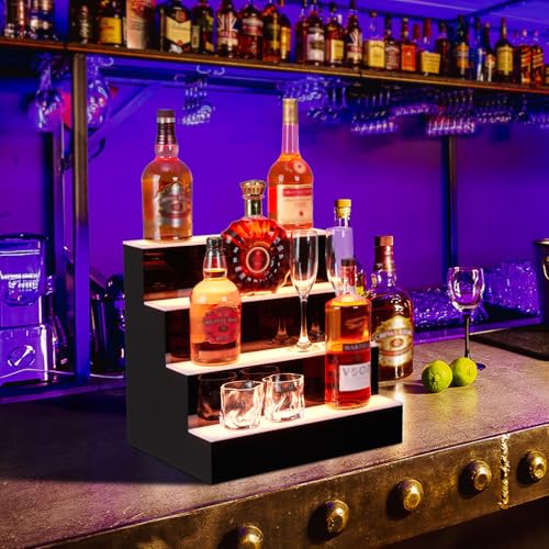 LED Liquor Bottle Display Shelf, 4 Tier 16 Inch Bar Display Shelf, Acrylic Wine Rack with Remote & App Control, 16 Static Colors ,1-4 H Timing, Bottle Stand Multi-Color Lighting Modes for Bars