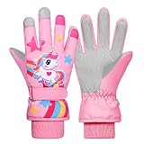 Kinder Skihandschuhe Snowboard Handschuhe Schneehandschuhe wasserdichte Und Winddichte Winter Handschuhe Anti-Rutsch Plüsch Gefüttert Warm Handschuhe für Mädchen Jungen Rosa Einhorn XS(2-4 Jahre)