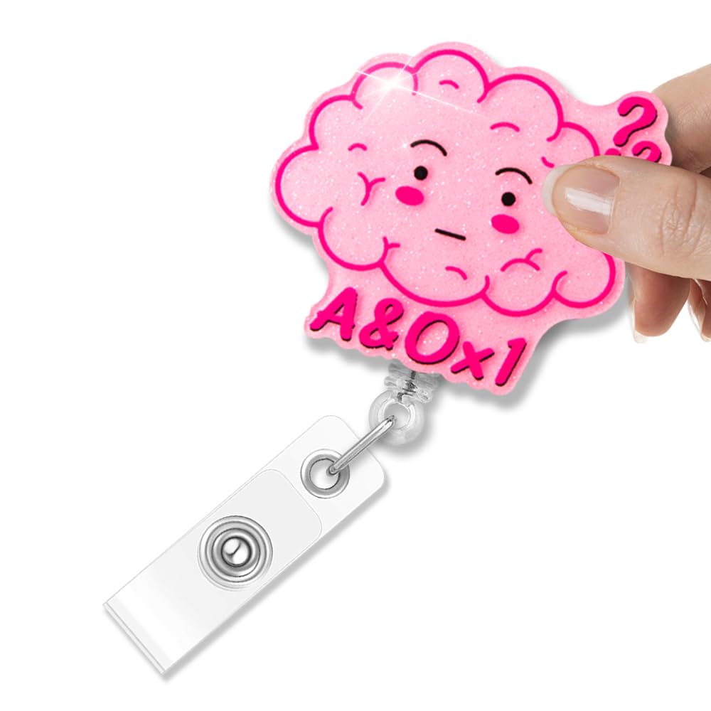 Msticey A&Ox1 Retractable Badge Holder, Funny Brain Badge Reel Gift for Medic Paramedic ER Nurse, Neurologist, Brain Doctor, Alert and Oriented to