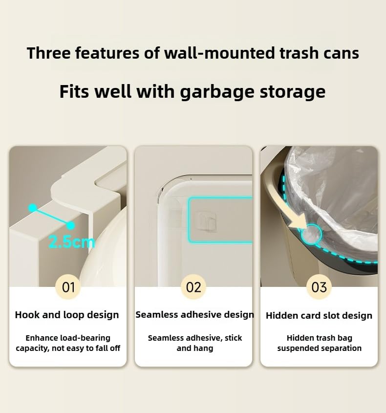 Caneca de basura montada en pared 9L Blanco crema miniatura 6