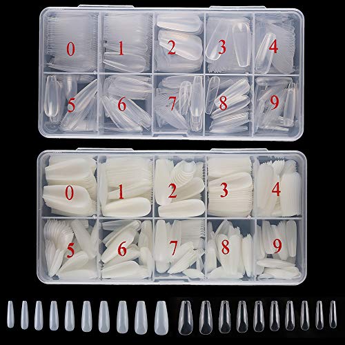 AORAEM Nail Kit Acrylic Set 1000Pcs Clear and Natural Long Coffin Shape Ballerina False Nail with Box(Clear+Natural)