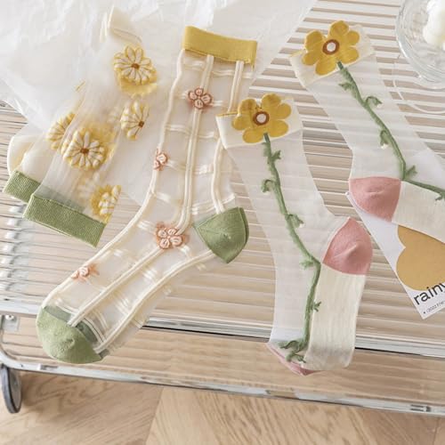 Womens Summer Sheer Socks Mesh Cute Floral Dress Sock Transparent Nylon See Through Stockings 3 Pairs2