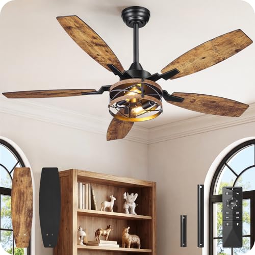 Image of 50 Inch Farmhouse Ceiling Fan with Lights and Remote, Timer, Dual Finish 5 Blades (Rustic Brown and Black), 6 Speeds, Reversible DC Motor, Rustic & Industrial Caged Ceiling Fan for Bedroom B04CF05