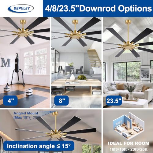 Image of Depuley Ceiling Fan Without Light: 72 Inch Big Indoor Outdoor Fan with Remote Control - Large Farmhouse Black Gold Ceiling Fan no Light 8 Blade Reversible Quiet DC Motor Memory Function Timer