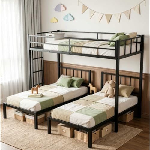 Mixcous Triple Bunk Bed Metal Frame, Twin XL Over Twin & Twin, Black