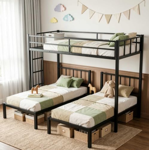 Mixcous Triple Bunk Bed Metal Frame, Twin XL Over Twin & Twin, Black