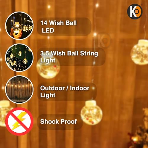 Image of K D Yellow Wish Ball Lights for Decoration - 2.5m, 12 LED String Lights | Decorative Series Lights for Home, Balcony, Wedding, Diwali, Christmas & Ganpati Decoration