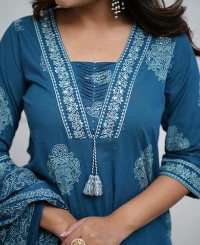 Image of PARTHVI|Women's Pure Cotton Printed with Handwork Kurta with Pants and Dupatta Set | Ethnic Set | Suit Set | Kurta Set | Wedding Suit Set