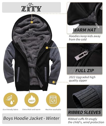 ZITY Boys Zip Up Hoodie Fleece Jacket Kids Sherpa Lined Sweatshirts Outerwear Unisex Warm Winter Coat 6-15 Years Old3