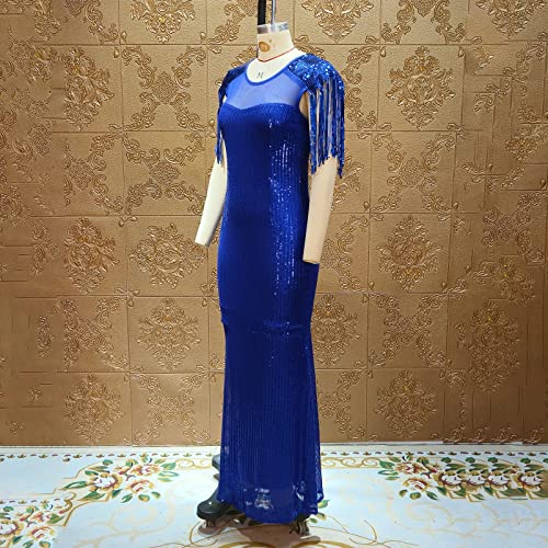 Image of Cololura Sexy Sequin Tassel Mesh Perspective Party Cocktail Bodycon Evening Club Maxi Dress