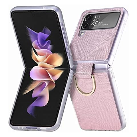 Case for Samsung Galaxy Z Flip 4 Case with Ring Holder Samsung Z Flip 4 Shockproof Hybrid Hard PC Interior Soft PU Shell Woven Grain Protective Slim Phone Cover for Men Women Girls, Pink Cover