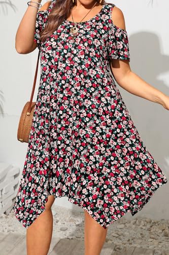 Image of Pinup Fashion Plus Size Summer Sundress Casual Flowy Cold Shoulder Dress | Breathable, scoop neck, handkerchief hem, side pockets, casual swing dress for beach, vacation,daily wear