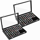 Elsjoy 2 Pack 100 Slots Ring Organizer Box with Transparent Glass Lid, Large Ring Display Case Black Velvet Ring Holder Tray, Ring Jewelry Showcase Display Box