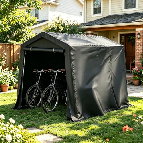 Outdoor Storage Shed Tent with Waterproof Cover Windproof Portable Carport Garage Shelter with Roll-Up Zipper Door & Vents UV-Resistant Canopy for Motorcycle Bike Lawn Mower Tools 5x7.2x5.4ft