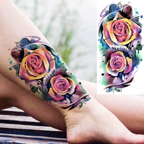 Image of 27 Sheets Watercolor 3D Rose Butterfly Temporary Tattoos For Women Thigh Leg Tattoo Sticker, Realistic Vine Leaf Flowers Fake Tattoos For Adults Forearm Half Arm Makeup Small Finger Tatoo Long Lasting