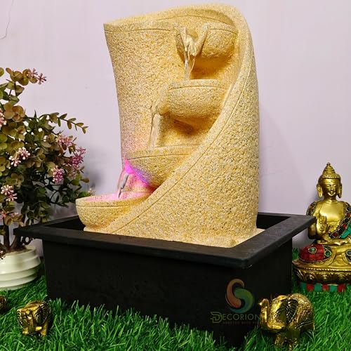Image of Decorative Table Top Water Fountain for Home Decor /Office /Indoor & Outdoor /Garden /Puja Room /Vaastu with Multicolor LED Light and Adjustable Water Pump (Yellow-D-016)