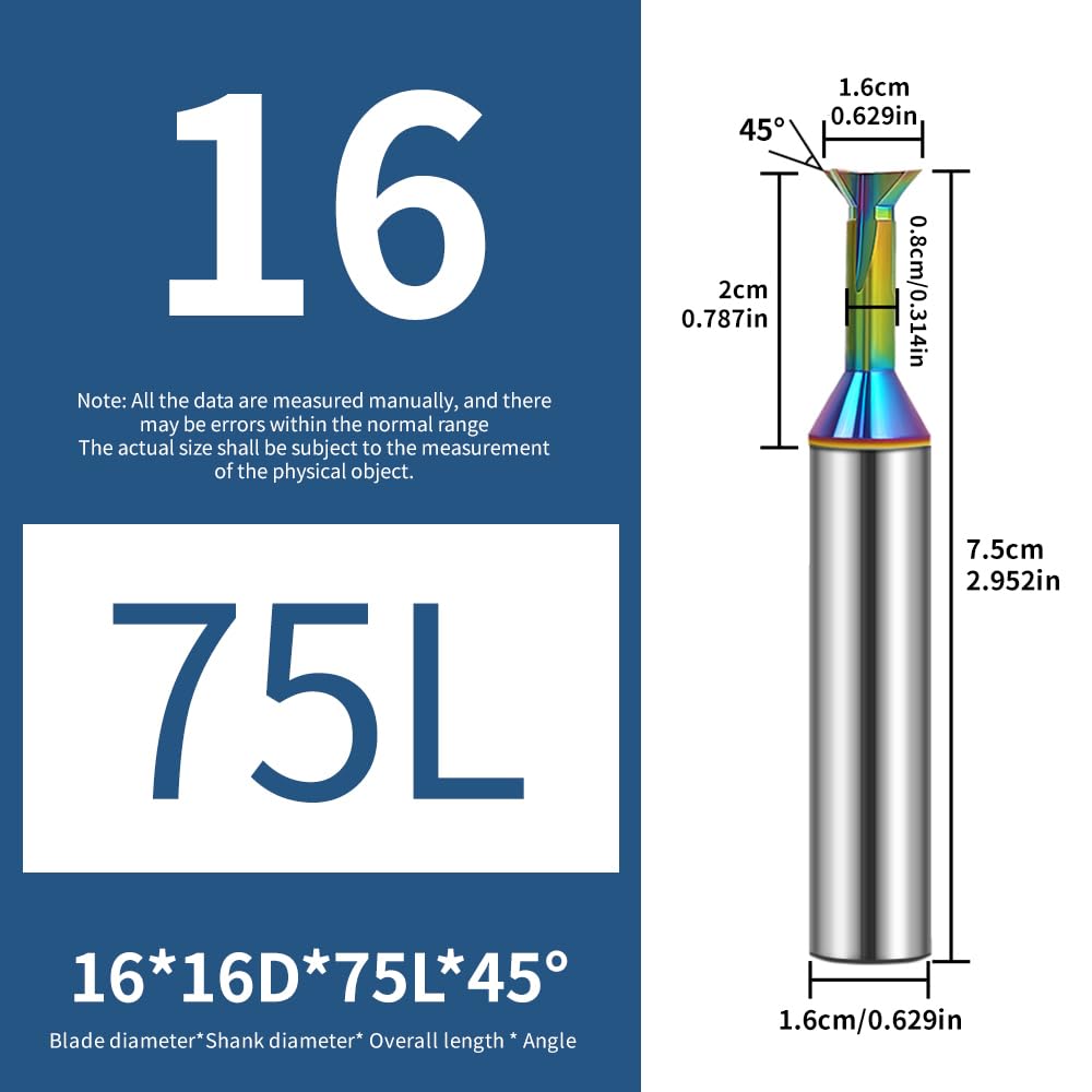 1 szt. 65° Frez do jaskółczego ogona ze stali wolframowej o wysokiej twardości do aluminium z kolorową powłoką, rowek(16-16D-75L-45)