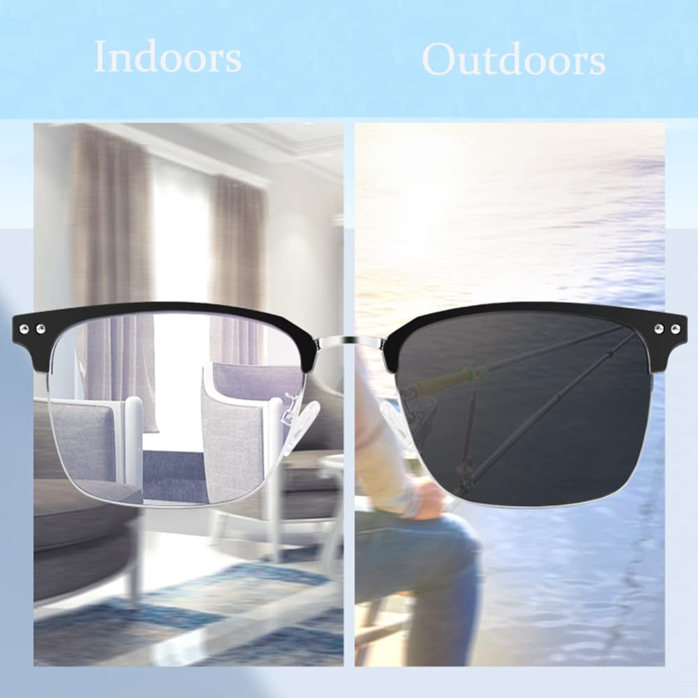 2.0 Photochrome bifokalische Lesebrille, klassische Halbrahmenleser, Sonnenbrillenetui weit und fast Doppelnutzung, Brillenetui (Farbe: Schwarz Silber, Größe: +2,50)