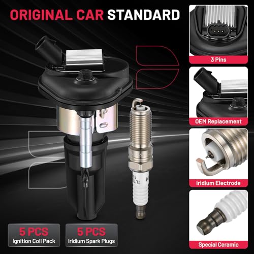 Image of BDFHYK Ignition Coil Pack UF303 and Iridium Spark Plugs 5019 Compatible with Chevrolet Colorado 2004-2006 GMC Canyon Hummer H3 Isuzu i-370 i-350 3.5L 3.7L L5 Chevy Oem Coil Pack Coil for GMC Set of 5