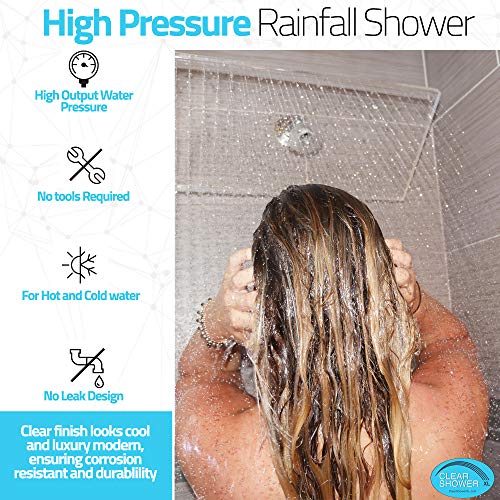 PREMIUM Large Shower Head by Clear Shower XL - Clear Model, FIRM PRESSURE Square 18 inch (45cm) Adjustable Shower Head, LUXURY Waterfall Full Body Coverage, Easy to Install