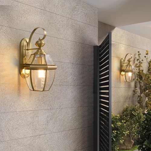 Image of Gold Sconce Courtyard Wall Lamp Outdoor Wall Lights Lantern, Dusk to Dawn Weather Resistant Exterior Lights for House Sconce, Waterproof Garage Lights with Clear Glass Shade