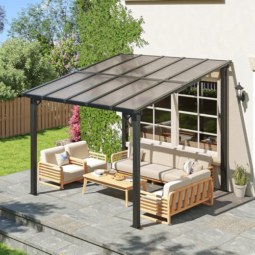Image of 10x10FT Lean to Gazebo, Hardtop Metal Pergola with Polycarbonate Roof, Large Wall Mounted Heavy Duty Awnings, Patio Canopy for Backyard, Deck, Porch