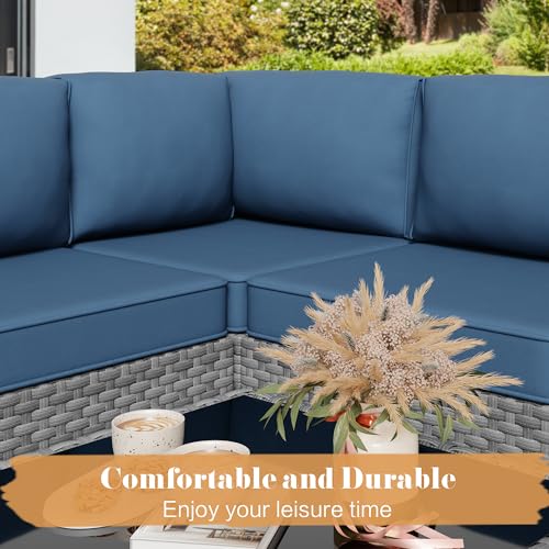 Image of Vongrasig 5 Pieces Outdoor Sectional Furniture, All-Weather Rattan Patio Furniture Set, Wicker Patio Sectional Couch with Cushion, Glass Table, Navy Blue
