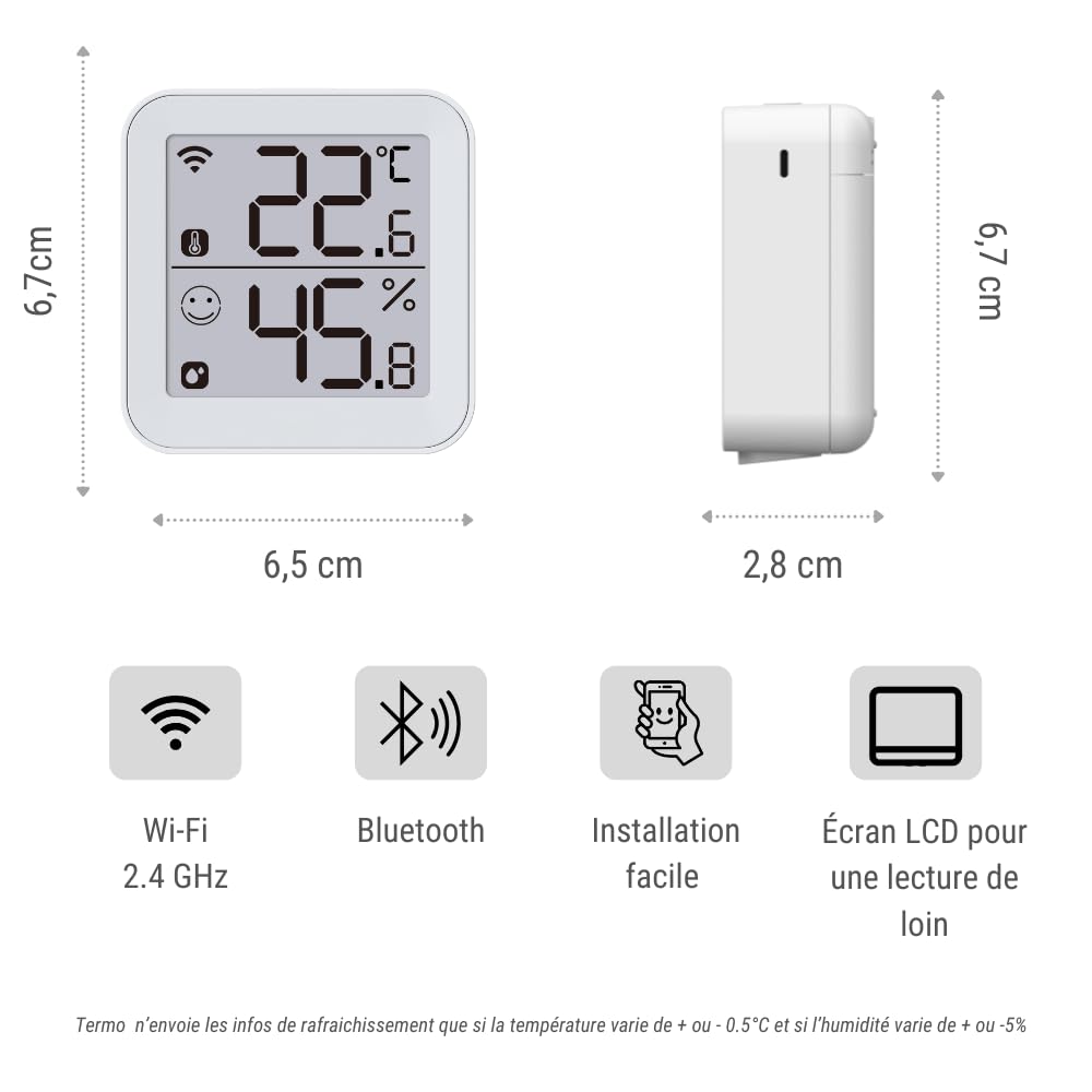 Konyks Termo 2, Thermomètre Hygromètre connecté Wi-Fi, Grand écran, Lecture à distance, déclenche d'autres appareils Konyks en fonction des mesures, Compatible Alexa et Google Home